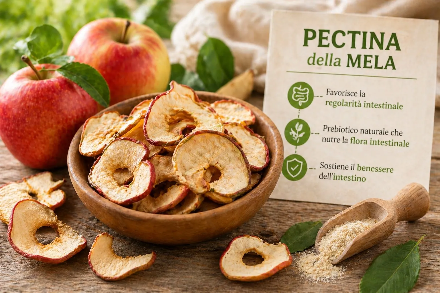 Mele bio essiccate a freddo La Fragolina, fonte naturale di pectina