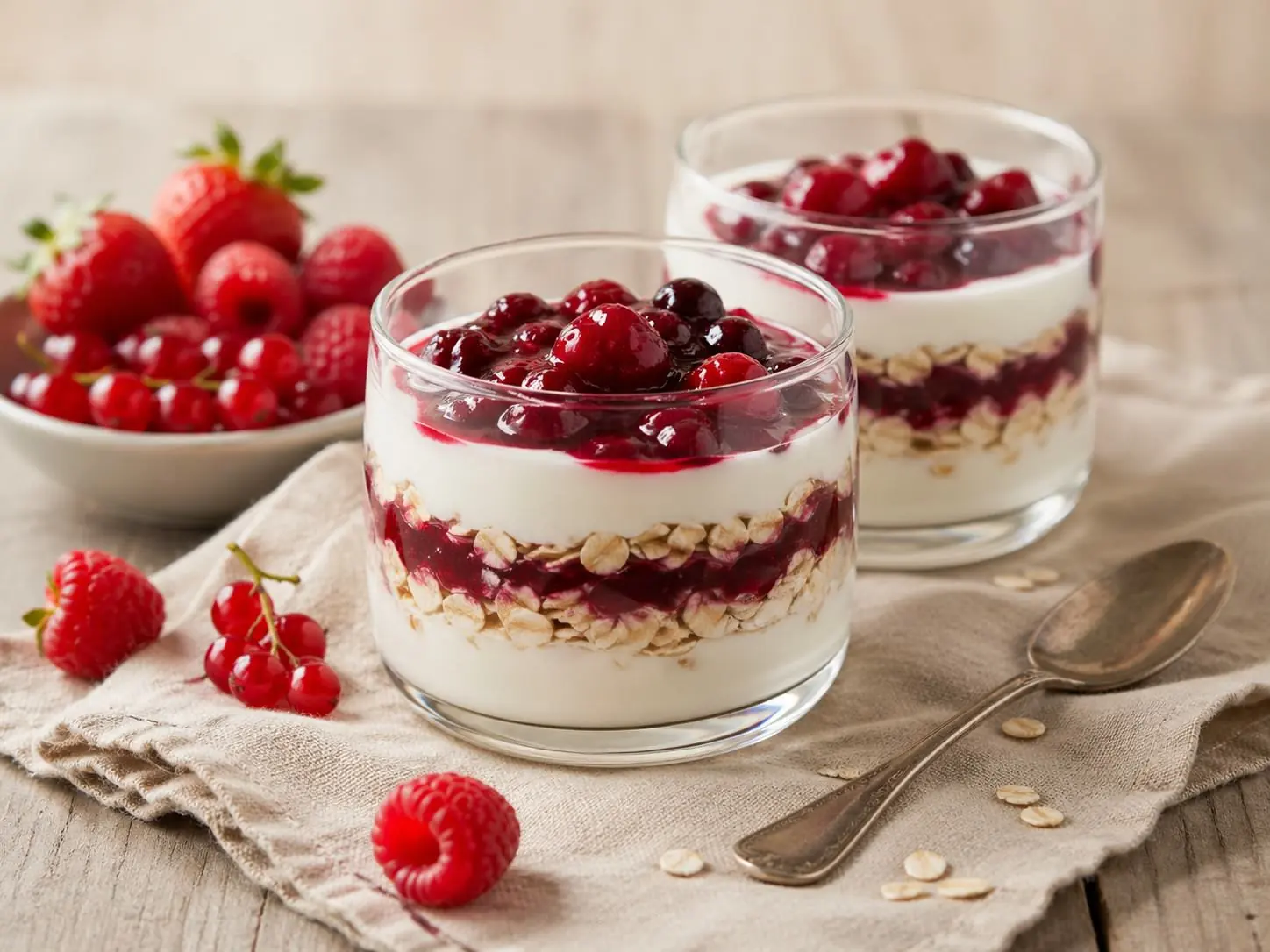 Bicchierini di yogurt greco, avena e composta di frutti rossi La Fragolina