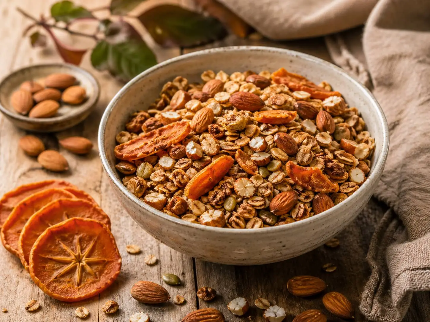 Granola fatta in casa senza zucchero con cachi essiccati a freddo e mandorle La Fragolina