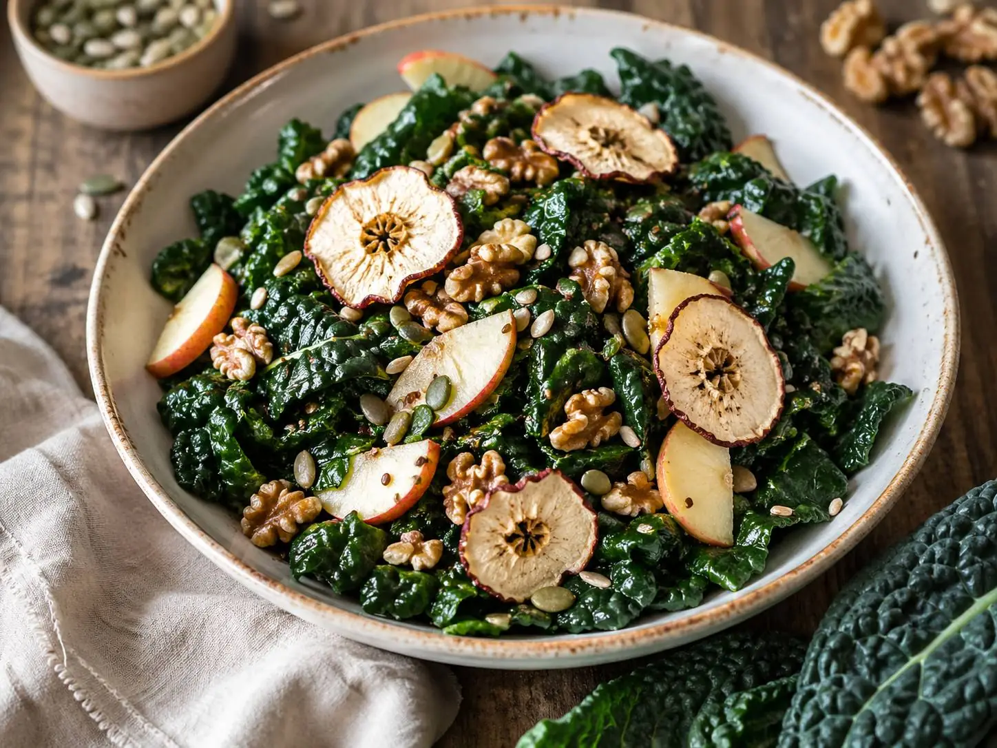 Insalata invernale con cavolo nero, noci e mele essiccate a freddo La Fragolina