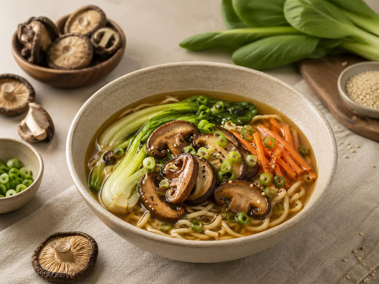Ciotola di ramen vegano veloce con funghi shiitake essiccati a freddo La Fragolina